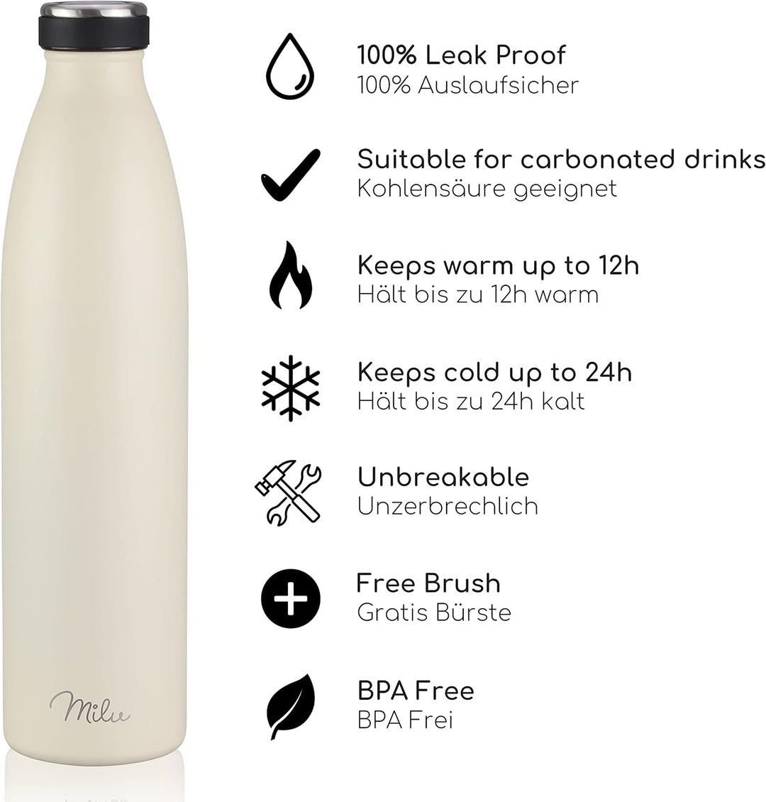 Milu Edelstahl Trinkflasche 350ml, 500ml, 750ml, 1000ml, 1.5L – Thermosflasche, Isolierte Wasserflas