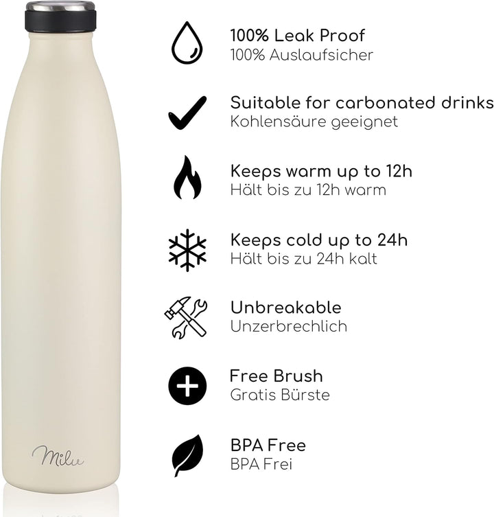 Milu Edelstahl Trinkflasche 350ml, 500ml, 750ml, 1000ml, 1.5L – Thermosflasche, Isolierte Wasserflas
