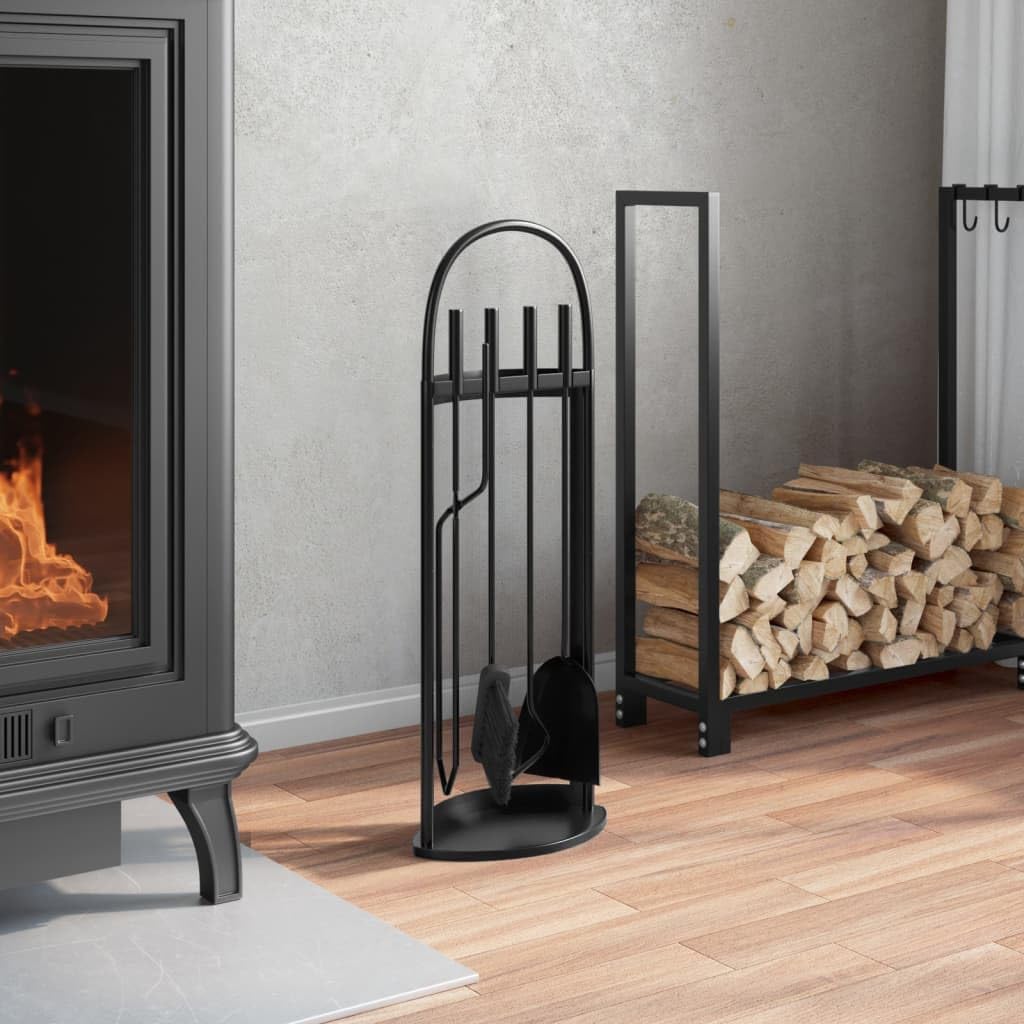 Kaminbesteck-Set 5-teilig aus Stahl für Holzofen, Schwedenofen und Feuerstelle mit Halter, Schürhake