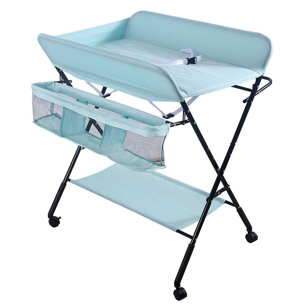 Baby Wickeltisch Klappbar, Höhenverstellbare Wickelkommode mit Sicherheitsgurt und Stauraum, Tragbar