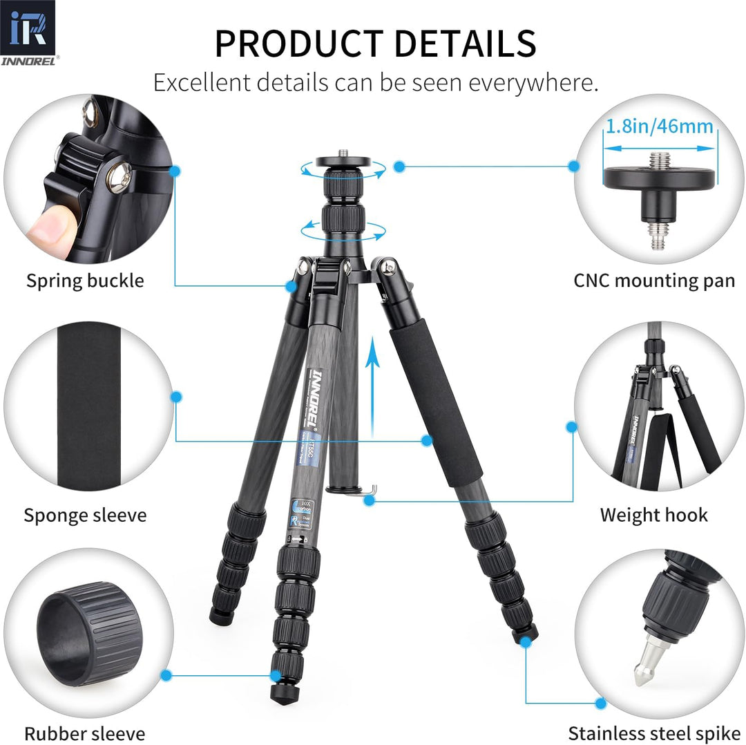 INNOREL RT55C Tragbares Karbonfaser-Stativ für DSLR-Kamera, Video, maximale Höhe 150 cm, maximale Be