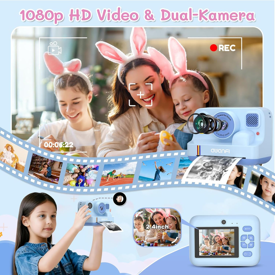 Kinderkamera Sofortbildkamera, 2,4 Zoll 1080P Sofortbildkamera Kinder mit 32GB Karte & 3 Rollen Druc