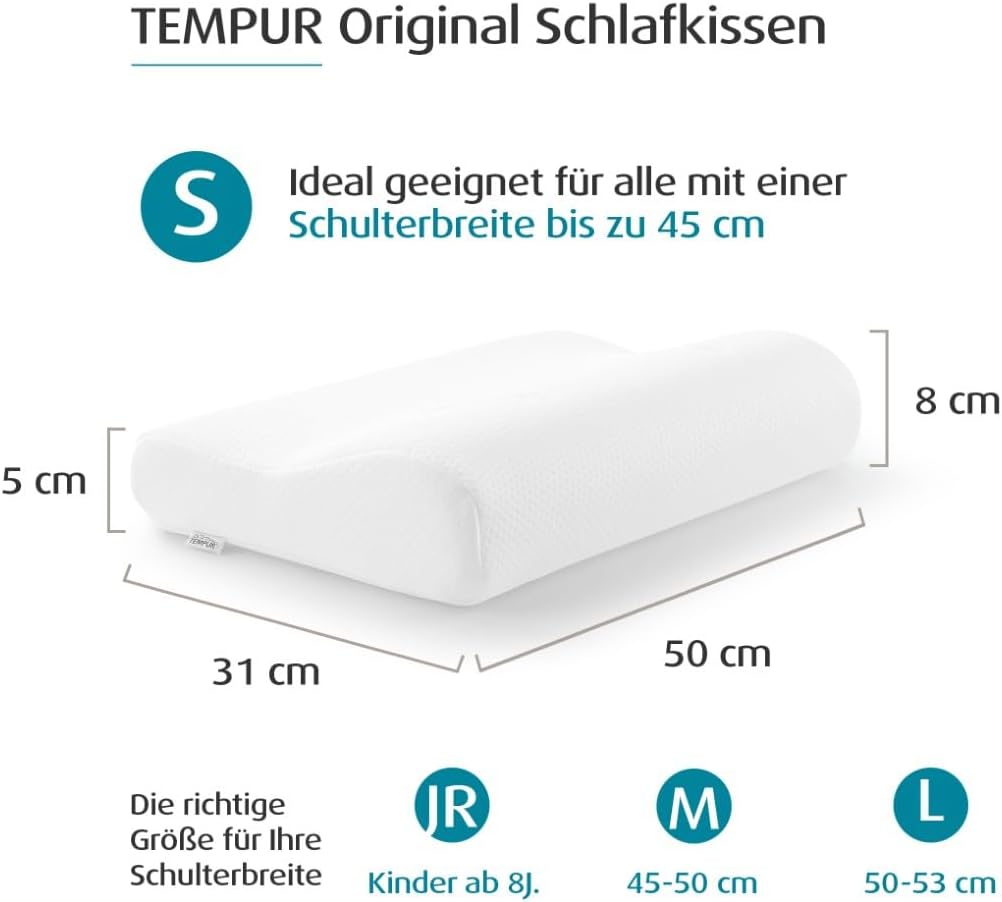 TEMPUR Kissen Set mit Füllung und Bezug, Original Kopfkissen Grösse S mit Jersey-Kissenbezug (weiss)