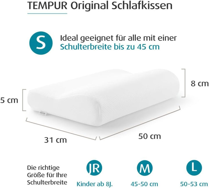 TEMPUR Kissen Set mit Füllung und Bezug, Original Kopfkissen Grösse S mit Jersey-Kissenbezug (weiss)