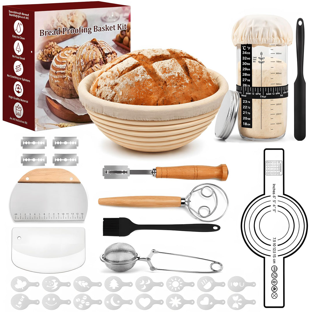 13-Teile Sauerteig Starter Set Mit Gärkörbchen Rund ø 25cm, 900ml Glas, Brotlamelle, Teigschaber, Ba