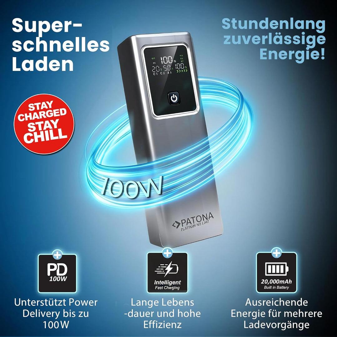 PATONA Platinum Powerbank 20.000mAh PD100W | 74Wh Power Bank mit Li-Ion Batterie | Schnellladung | 2