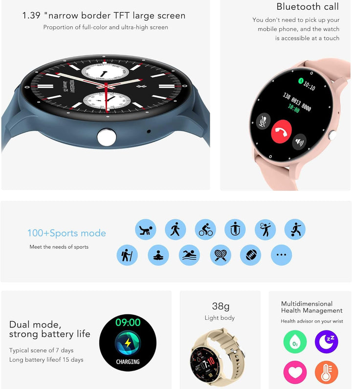 Smartwatch Damen mit Telefonfunktion, 5ATM Wasserdicht 123 Sportmodi Fitnessuhr Aktivitätstracker, 1