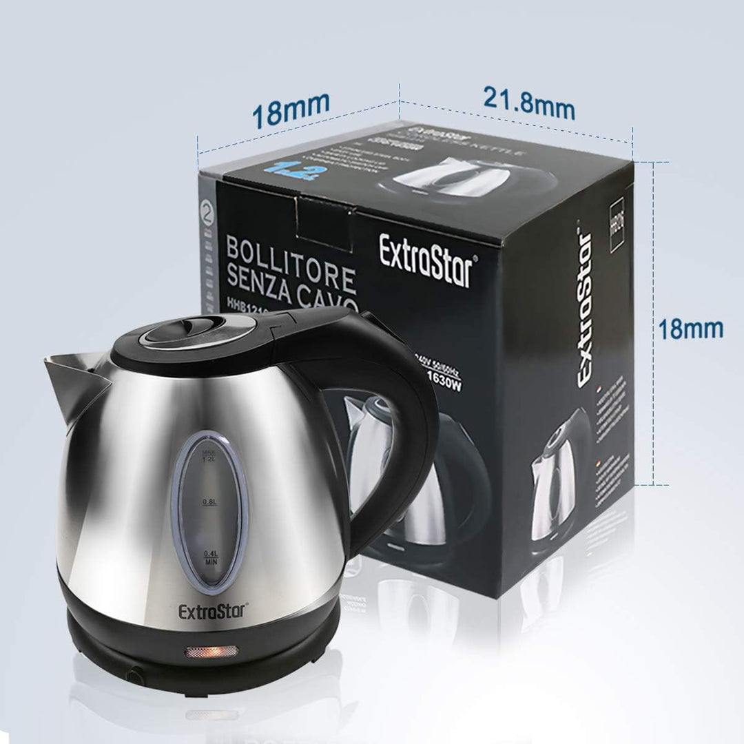 EXTRASTAR Elektrischer Wasserkocher, 1,2 l, 1630 W, Edelstahl, automatische Abschaltung, 360° drehba
