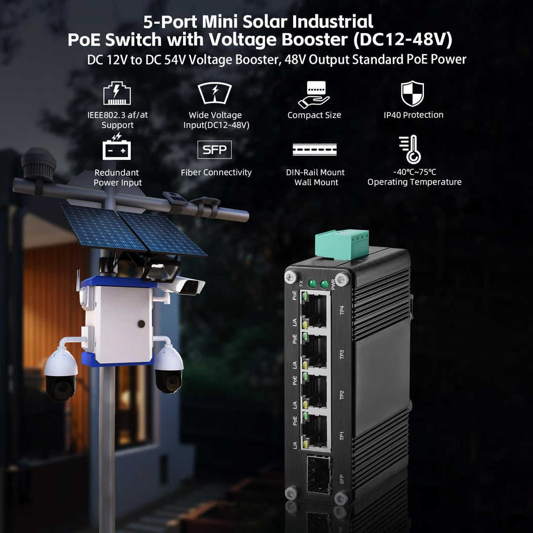 MokerLink 5 Port Gigabit Industrial Solar Battery UPS PoE Switch, Eingang DC9V-54V to Ausgang DC48V,