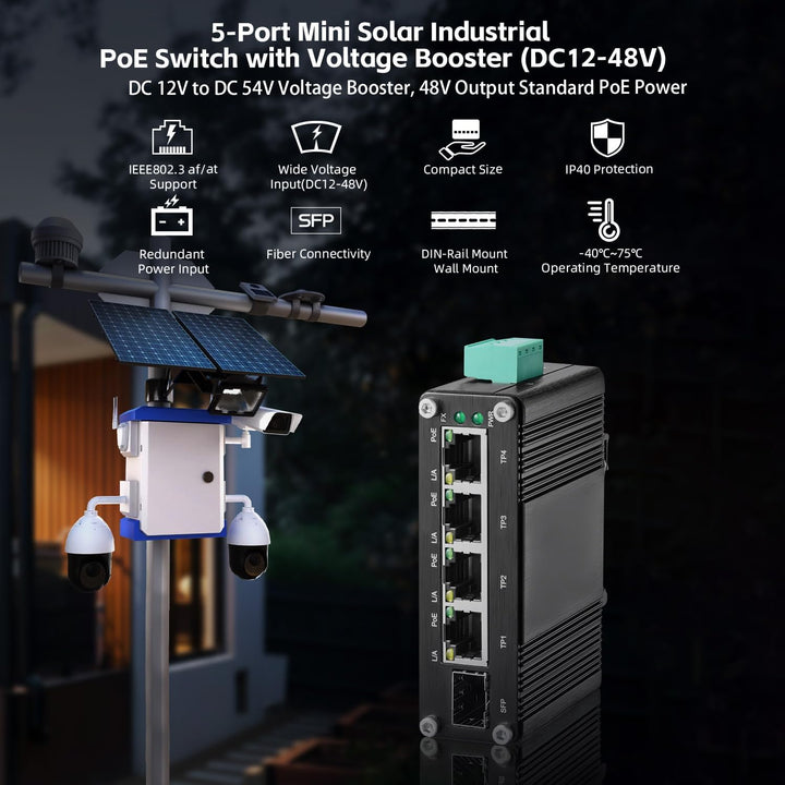 MokerLink 5 Port Gigabit Industrial Solar Battery UPS PoE Switch, Eingang DC9V-54V to Ausgang DC48V,