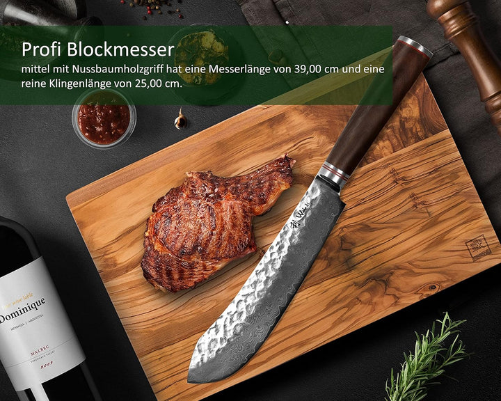 Wakoli Nussbaum Damastmesser Blockmesser mittel extrem scharfe 25 cm Klinge aus 67 Lagen I Damast Kü