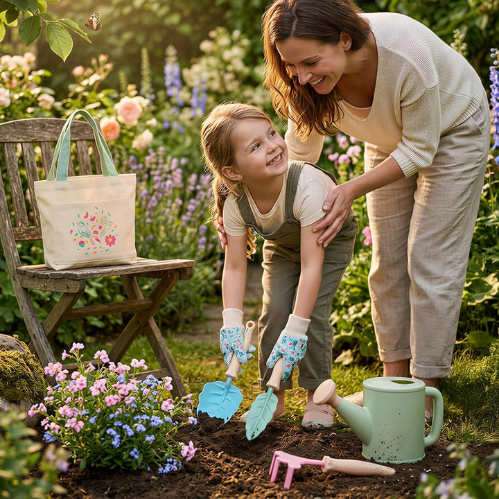 FITNATE Kinder Gartenarbeit Set,6 PCS Gartenwerkzeug Kinder Mit 3 Gartengeräte, Gartenhandschuhe & A