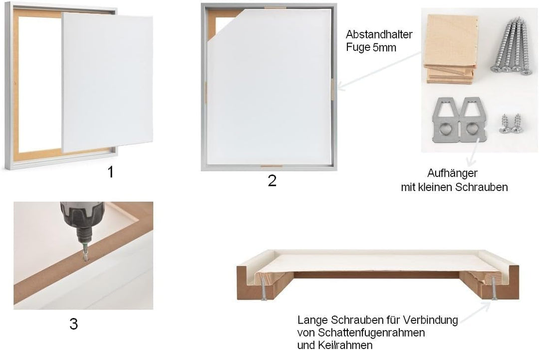 Stallmann Design Schattenfugenrahmen 48x68 cm weiss, Bilderrahmen für Leinwandbilder auf Keilrahmen,