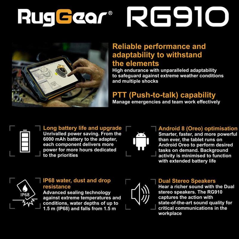RugGear RG910 Outdoor Tablet - Wasserdichtes, Staubdichtes, Stossfestes Rugged Tablet, 8&