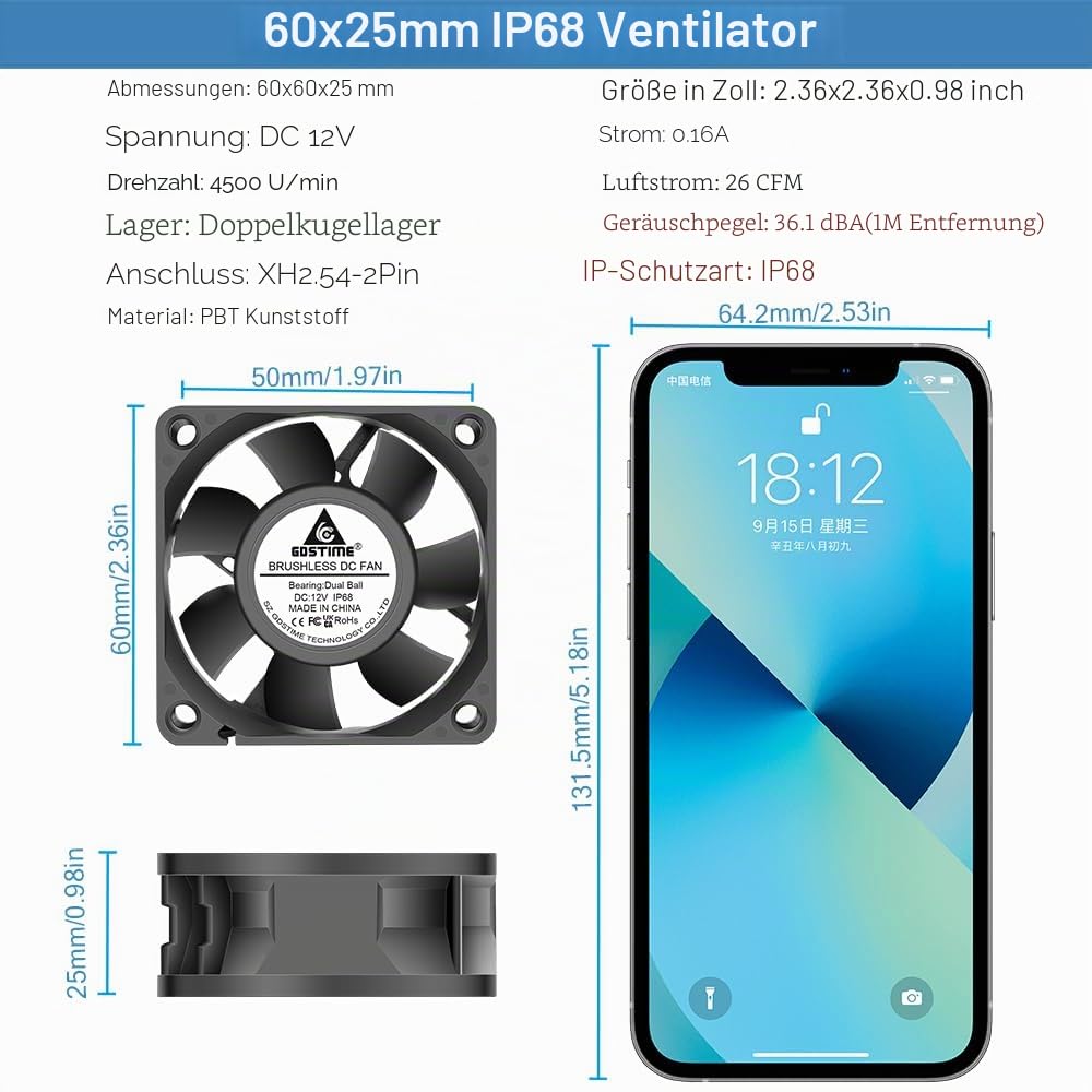 GDSTIME 2 Stück 12V Wasserdicht Lüfter 60mm IP68 Dual Kugellager | 60mm lüfter wasserdicht 12v lüfte