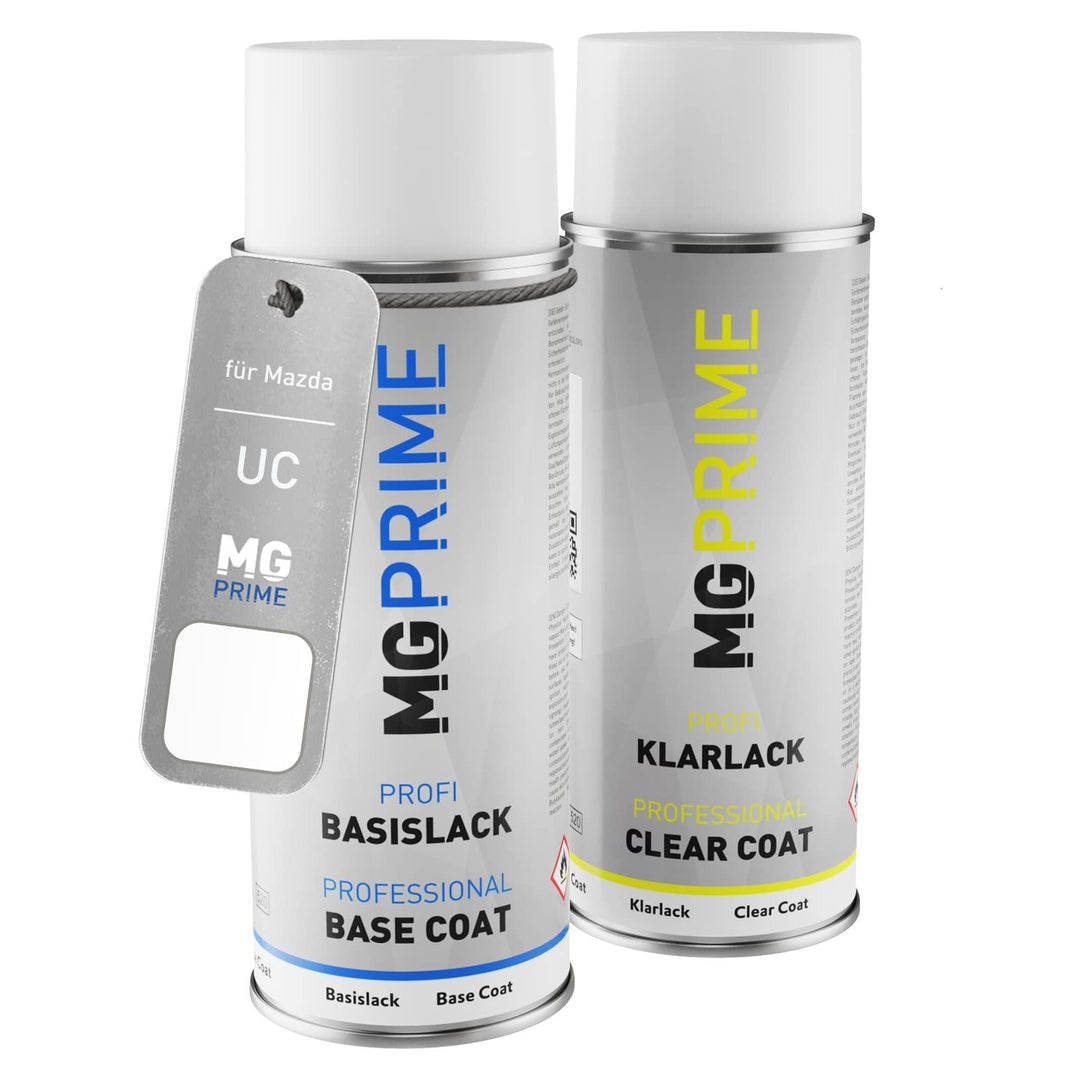 MG PRIME Autolack Sprühdosen Set für Mazda UC Crystal White Basislack Klarlack Spraydose 400ml