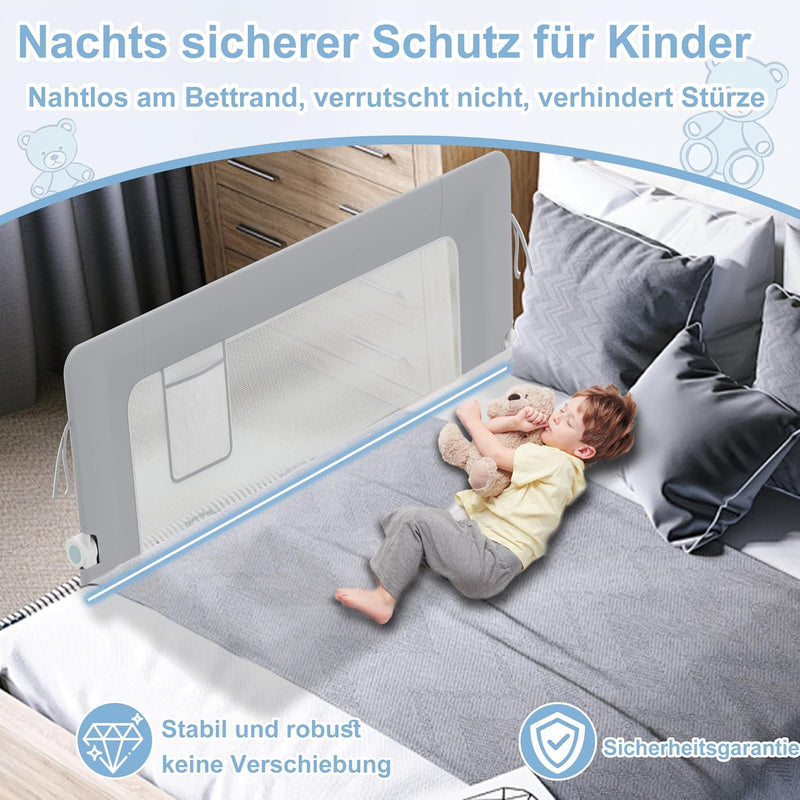 YRHome 180cm Bettgitter Rausfallschutz klappbar 180 Grad drehbar Bettschutzgitter für Kleinkinder lu