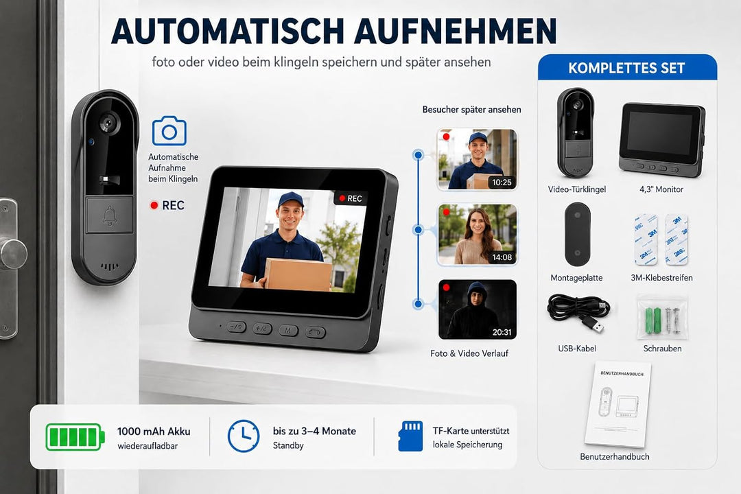 Zeerkeer Funkklingel mit Kamera Türklingel mit Kamera 2.4g Video Türklingel Kabellos mit Video-Zwei-