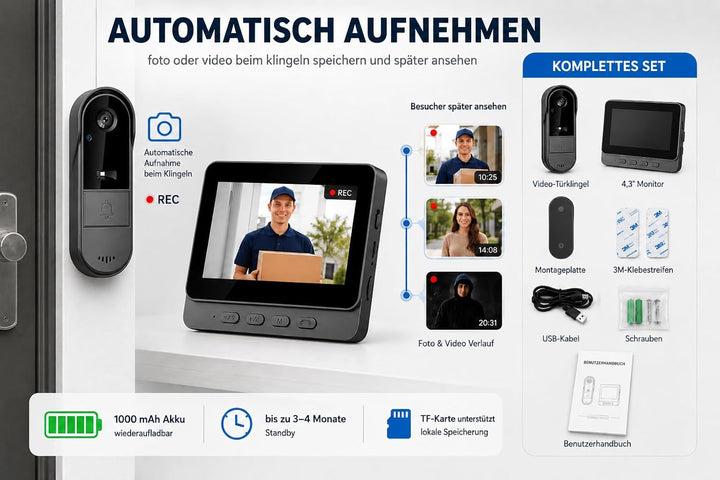 Zeerkeer Funkklingel mit Kamera Türklingel mit Kamera 2.4g Video Türklingel Kabellos mit Video-Zwei-