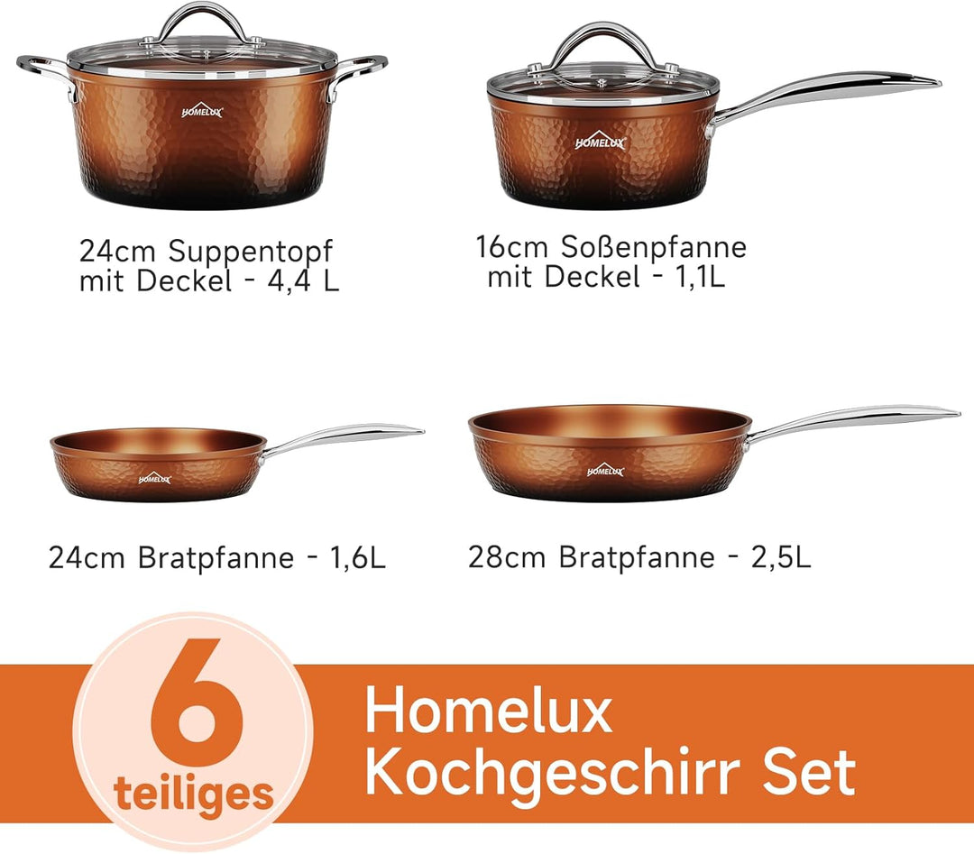 HOMELUX Topfset Pfannenset 6-tlg, Induktions Töpfe Set mit Deckel, Antihaftbeschichtung, Geschmiedet