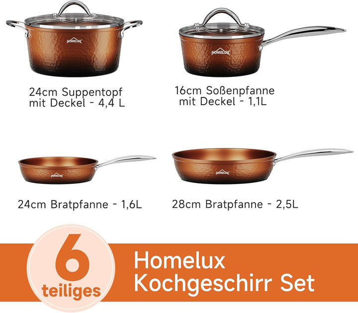HOMELUX Topfset Pfannenset 6-tlg, Induktions Töpfe Set mit Deckel, Antihaftbeschichtung, Geschmiedet