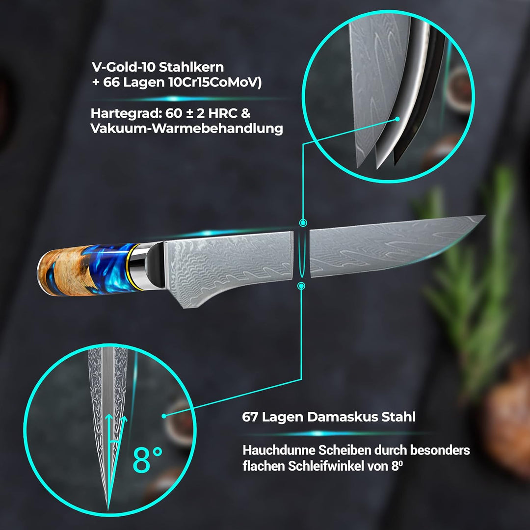 Calisso Filetiermesser 67 Lagen Damaststahl - Damastmesser, Küchenmesser, Ausbeinmesser, Messer