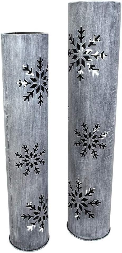 2 Stück Windlichtsäulen Schneeflocke aus Metall, 88 + 100 cm hoch, Kerzenhalter, Gartenlaterne, Bode