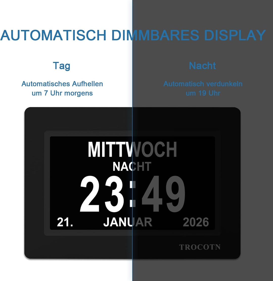 TROCOTN Demenz Uhr Senioren Digitale Uhr Tagesuhr Grosses Display Wecker Wanduhr (Schwarz, 7 Zoll) 7