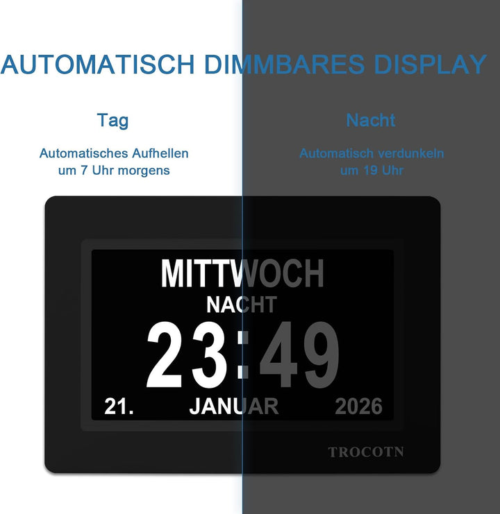 TROCOTN Demenz Uhr Senioren Digitale Uhr Tagesuhr Grosses Display Wecker Wanduhr (Schwarz, 7 Zoll) 7