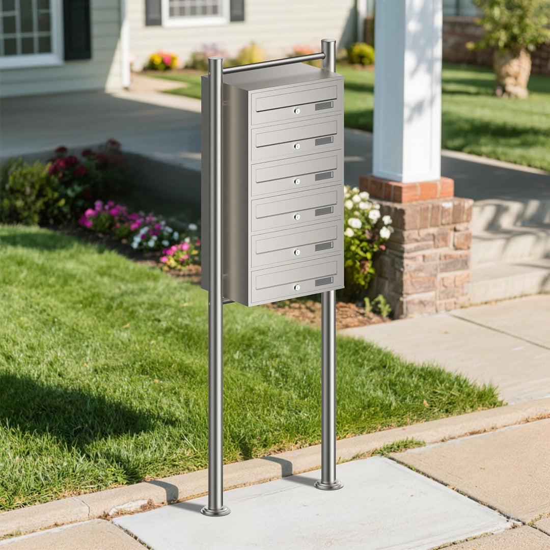 Wiltec 6er Briefkastenanlage Edelstahl 556 x 270 x 1500 mm, Standbriefkasten mit 6 Fächern, Schlüsse