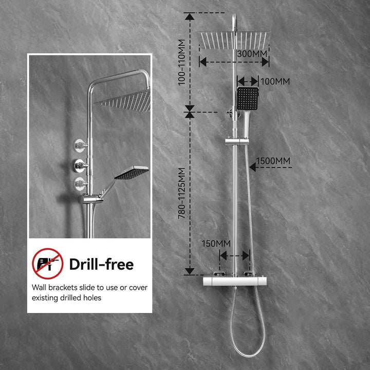Auralum Thermostat Regendusche Komplettset Chrom Edelstahl mit 30cm Überkopfbrause, Höhenverstellbar