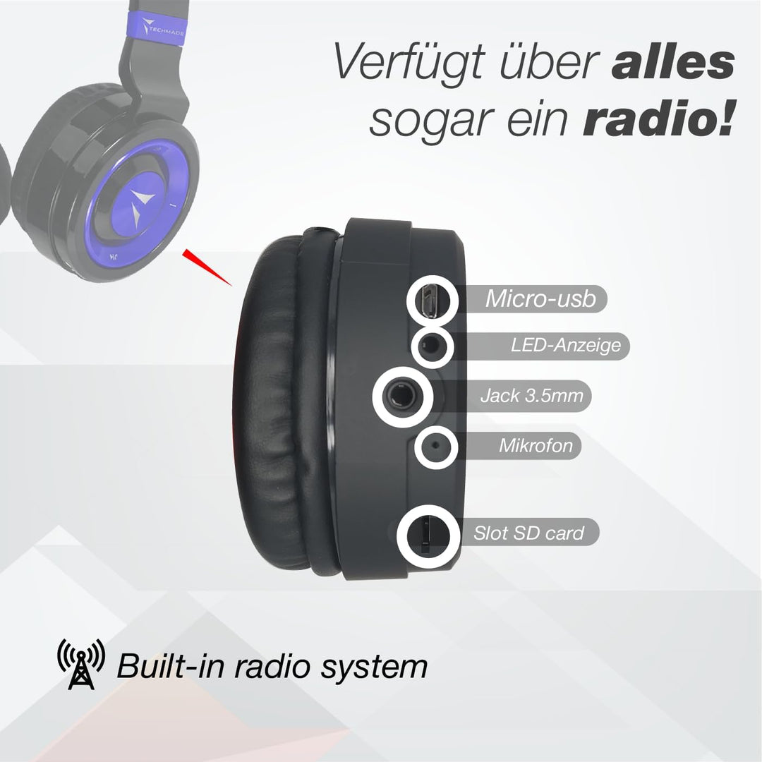 Techmade TM-046 Bluetooth-Kopfhörer – Faltbar, Over-Ear, Mikrofon, FM-Radio, SD-Karten-Slot (Blau)