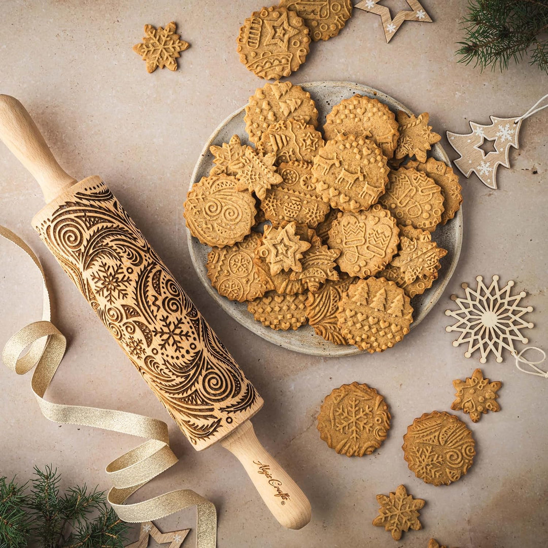 FROST Nudelholz mit Muster Weihnachten Backen - Teigroller Holz für DIY Weihnachten Plätzchen und Ke