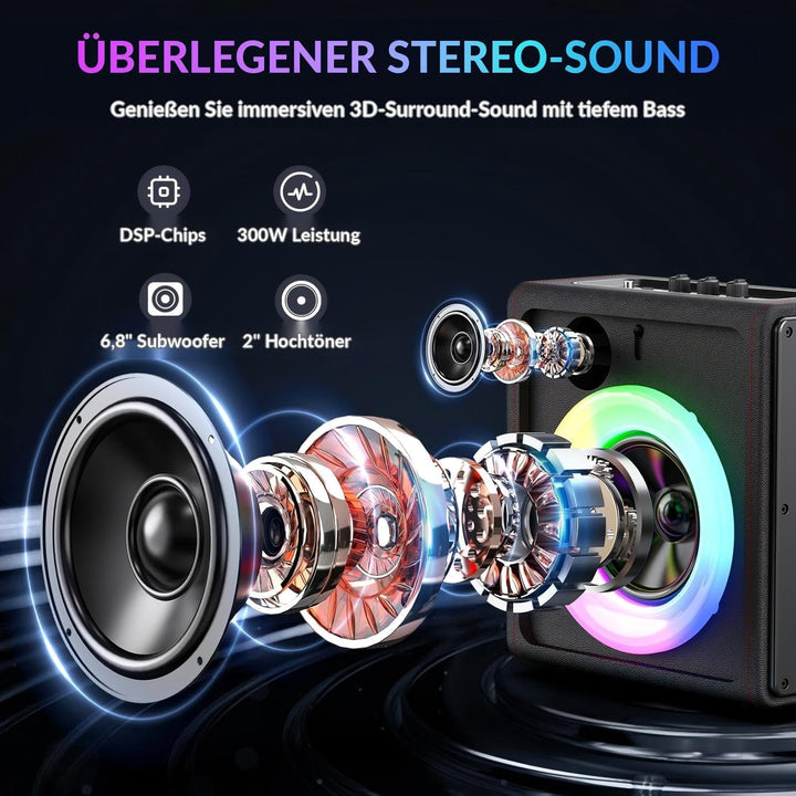 Karaoke Maschine mit 2 drahtlosen Mikrofones, Tragbaren Bluetooth 5.3 Karaoke Anlage Lautsprecher mi