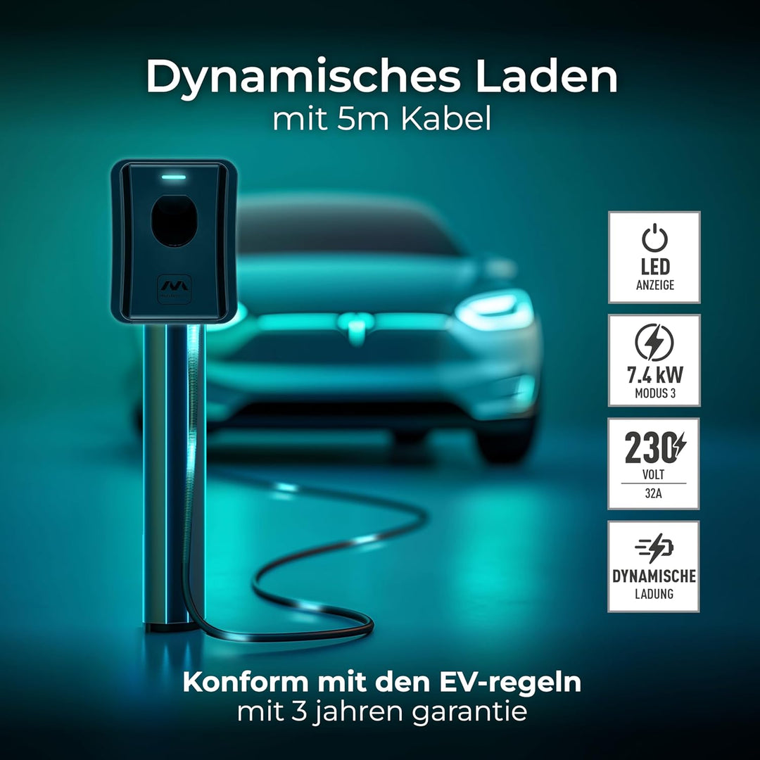 Masterplug EV Wandladegerät für Elektro- und Einstecken-Hybridfahrzeuge vom Typ 2, mit 5m Langem Kab