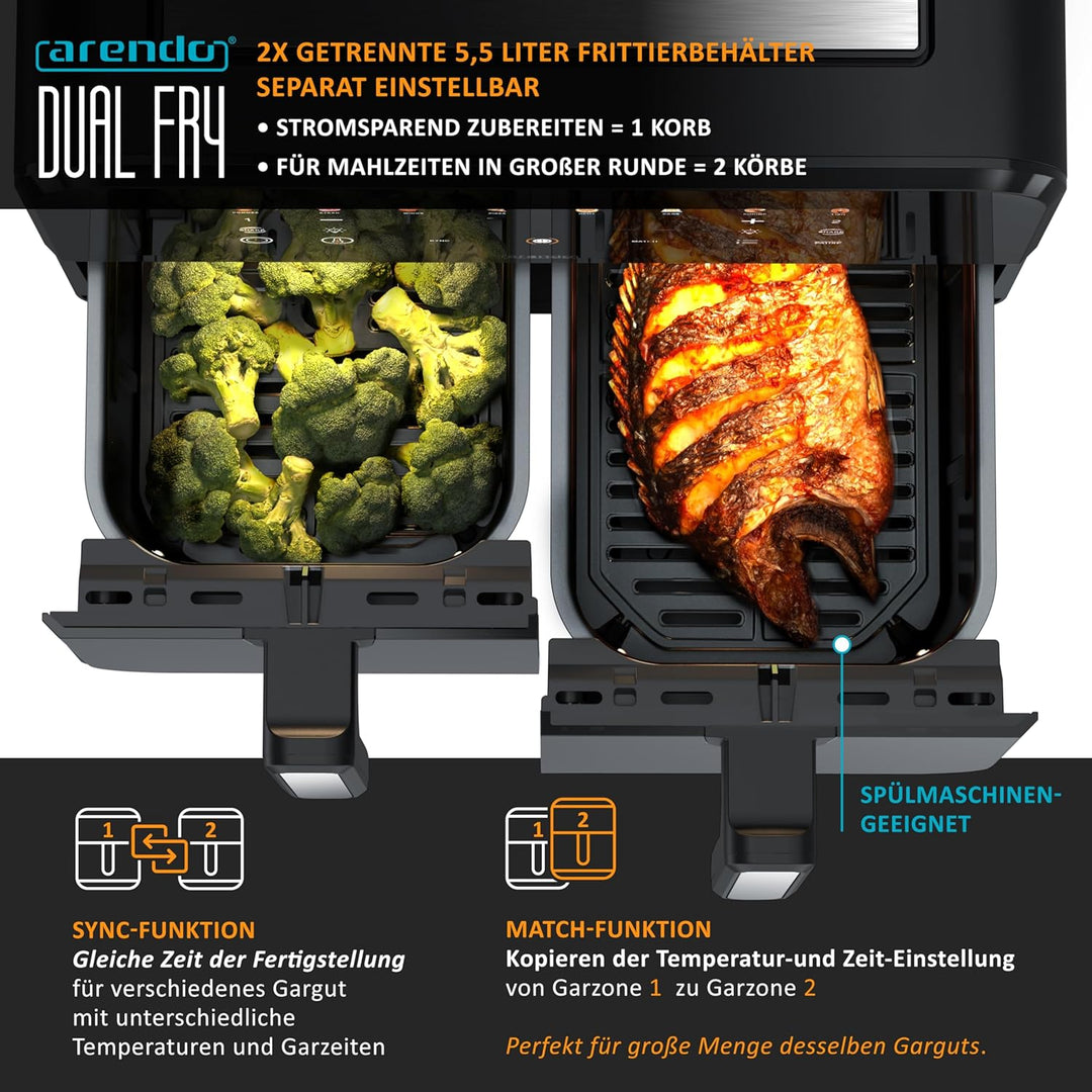 Arendo - XXL Heissluftfritteuse 11 Liter - 2 Kammern mit Fenster - extra Gross Dual Zone - Backofen