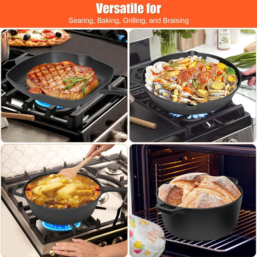 GFTIME Gusseisen Kochgeschirr Set 5-teilig, Gusseisen mit Dutch Oven 5 QT, Schmortopf 3,2 QT mit Pfa