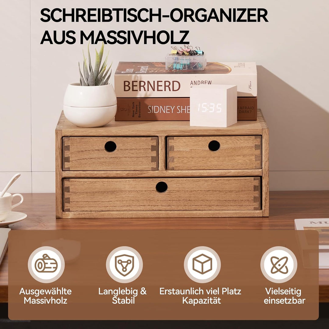 KIRIGEN Schreibtisch-Organizer aus Paulownia-Holz, 35 x 27 x 14,7 cm, Schubladenbox mit 3 Schubladen