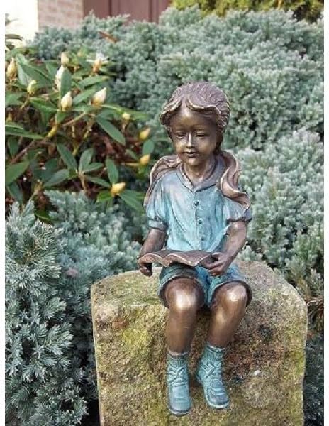 IDYL Bronze-Skulptur Lesendes Mädchen | 20x7x8 cm | Kinderfigur aus Bronze handgefertigt | Gartensku