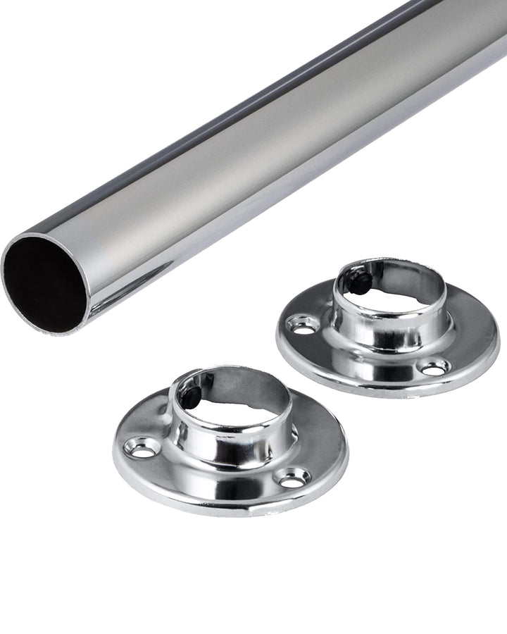 Gedotec Kleiderstange Wandmontage rund | 1 Set Garderobenstange mit 2 Stk Schrankrohrlager Chrom glä