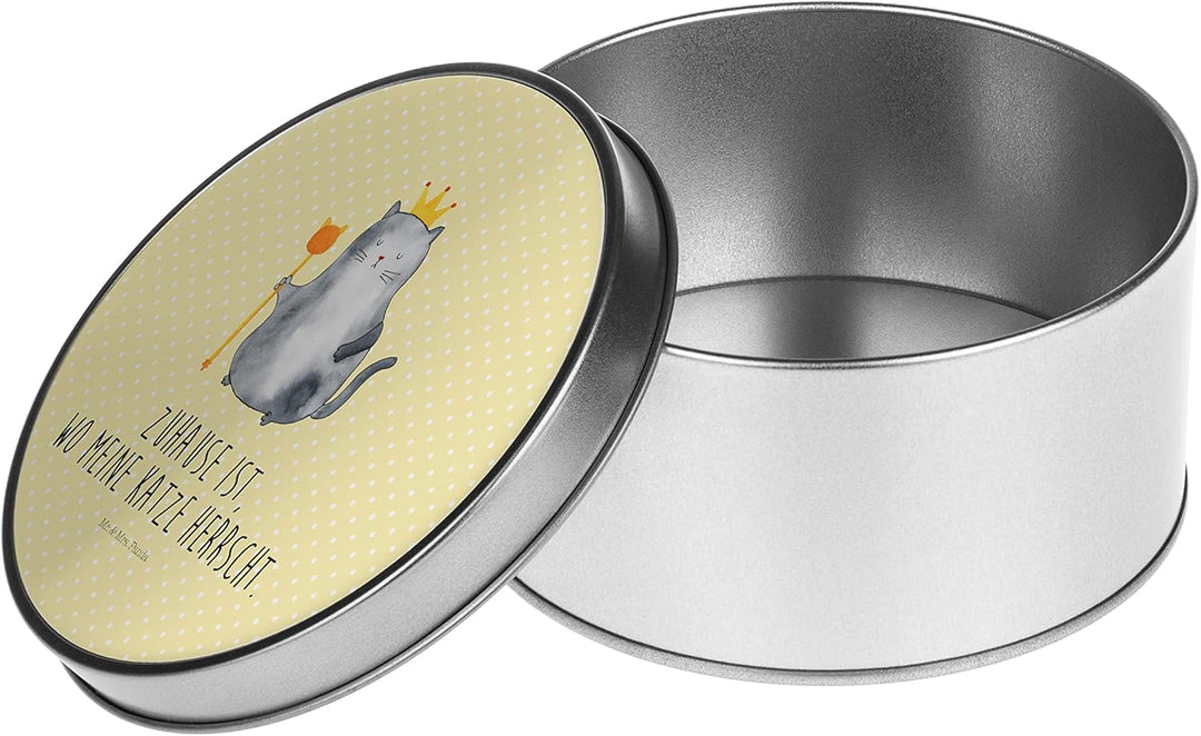 Mr. & Mrs. Panda Blechdose rund Katze König - Geschenk, Kater, Metallkiste mit Deckel, Katzenmotiv,