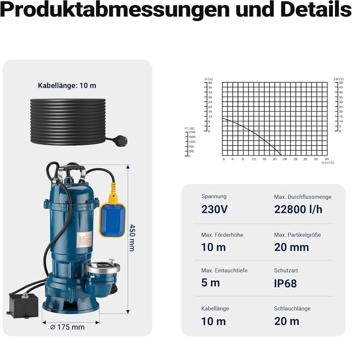 Wiltec Schmutzwasserpumpe 1500W 22800l/h mit Schwimmerschalter max. Förderhöhe 10m mit 20m Schlauch