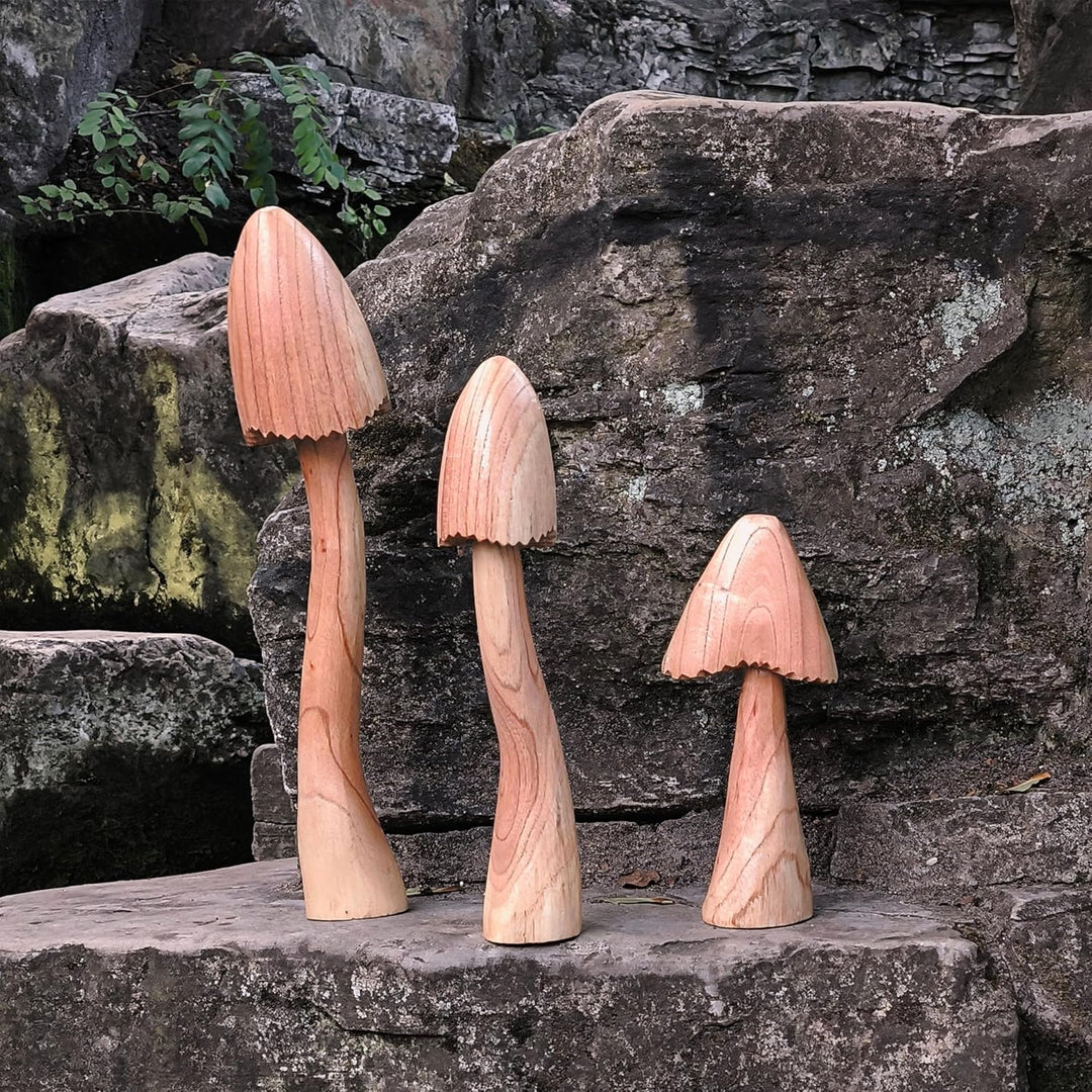 ART-CRAFT Naturnahe Holzpilz-Deko Set mit 3 handgeschnitzten Pilzen 40-30-20 cm hoch - Für Balkon, T