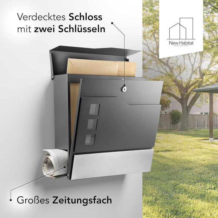 Moderner Briefkasten Personalisierbar Stockholm Anthrazit RAL7016 - mit Zeitungsfach - Wandbriefkast