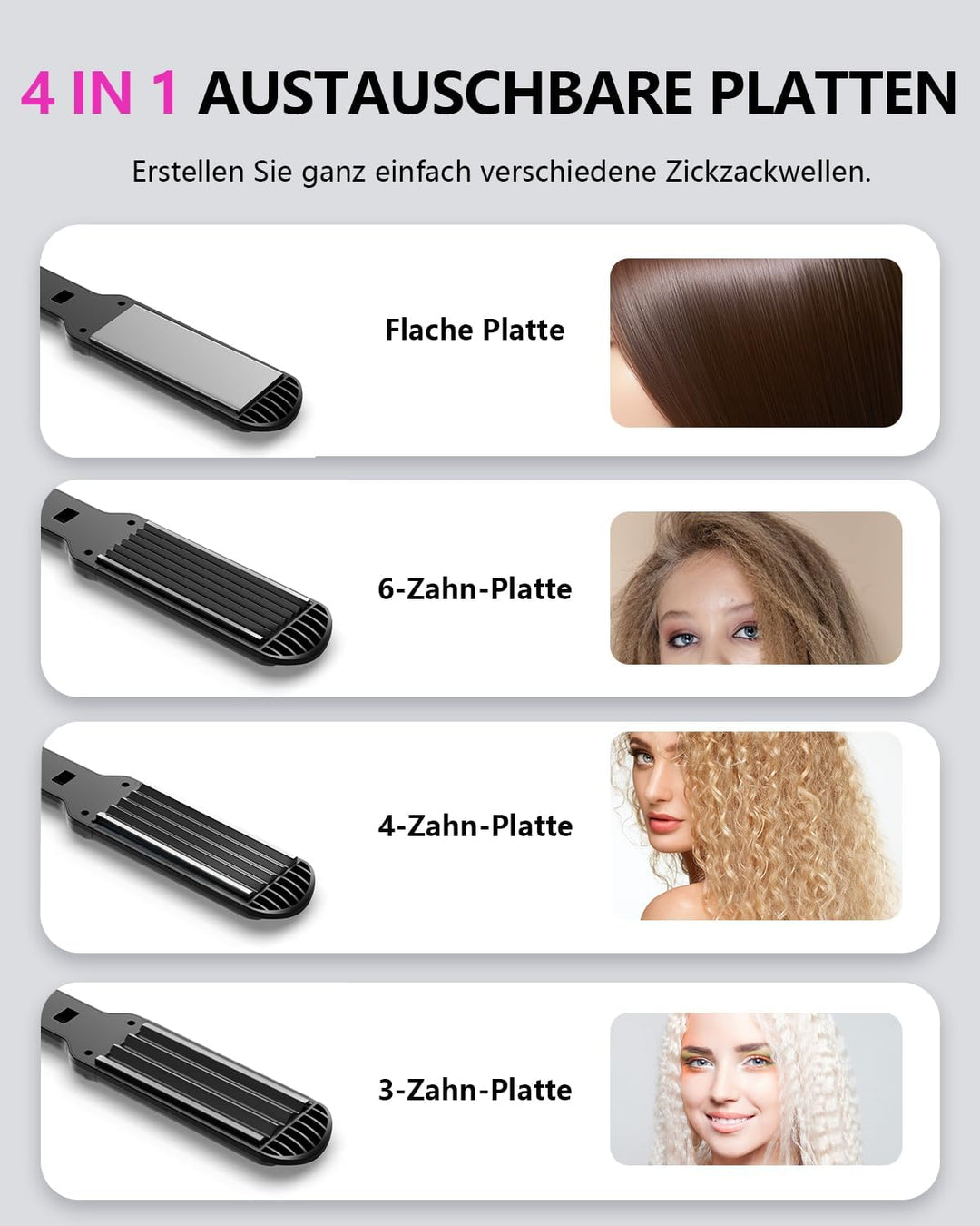 Welleneisen für Beach Waves, 4 in 1 Haarglätter Kreppeisen Multistyler Keramik Glätteisen und Wellei