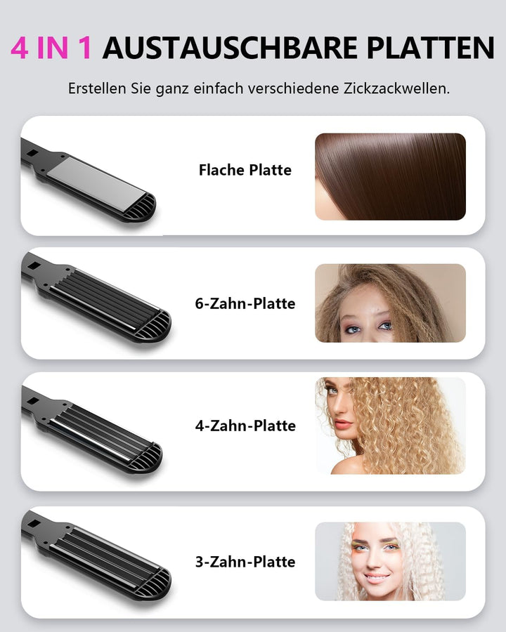 Welleneisen für Beach Waves, 4 in 1 Haarglätter Kreppeisen Multistyler Keramik Glätteisen und Wellei