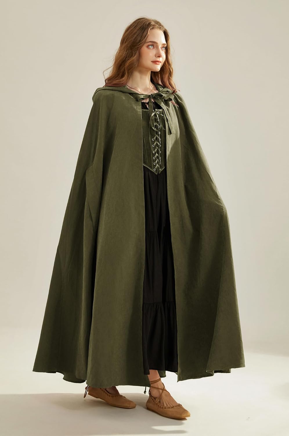 SCARLET DARKNESS Damen Mittelalter Umhang mit Kapuze Unisex Maxi Umhang Hexe Cosplay Cape Olivgrün,