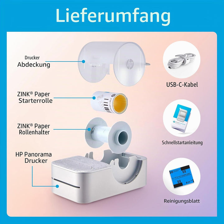 HP Sprocket Panorama Tragbarer Sofort-Farbetiketten- und Fotodrucker (Grau), Geschenkpaket mit Etui,