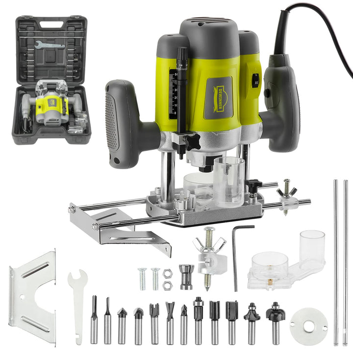 DEWINNER Elektronik Oberfräse Fräser 1200W,Ø 6 und 8 mm,Drehzahlregelung, Parallelanschlag, Absaugad