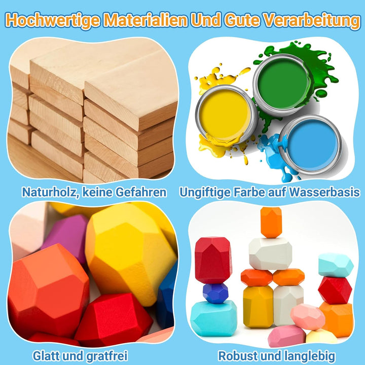 RunHero 39 Stück Stapelsteine Balanciersteine Montessori Holz Bauklötze Spielzeug für Kinder Stapelt